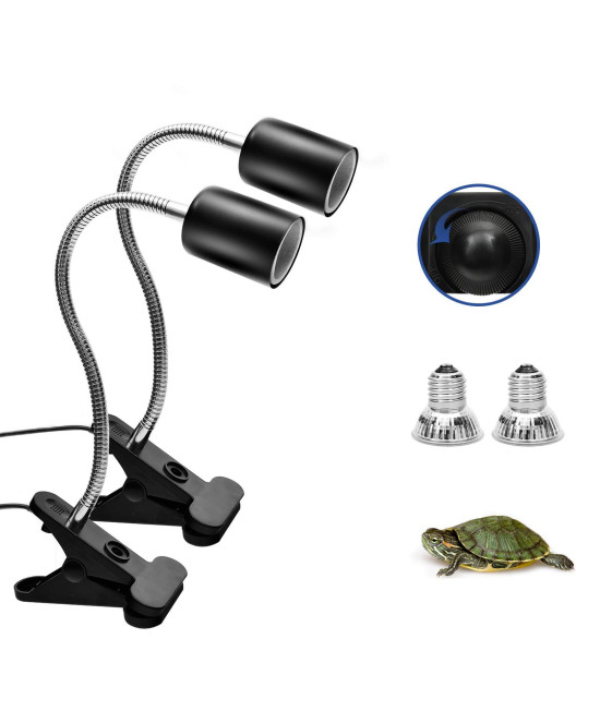 Reptile Heat Lamp, Basking Spot Lamp, 2 Pack UVA UVB Full Spectrum Sun Lamp with 360ARotatable clips and Adjustable Switch for Turtle Lizard Snake Aquarium chameleons Amphibians (Black, 50W Bulbs)