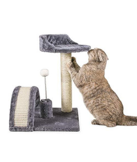 Qucey Cat Tree Condo Scratching Post, Natural Sisal Claw Scratcher with Arched Sisal Pad and Interactive Plush Ball