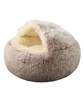 MIEMIE Cat Bed Round Soft Plush Burrowing Cave Hooded Cat Bed Donut for Dogs & Cats, Faux Fur Cuddler Round Comfortable Self Warming pet Bed, Machine Washable, Waterproof Bottom, Small, Coffee