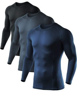 ATHLIO Mens UPF 50 Long Sleeve compression Shirts, Water Sports Rash guard Base Layer, Athletic Workout Shirt, 3pack BlackcharcoalNavy, Large