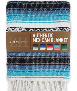 Zulay Home Authentic Mexican Blankets - Hand Woven Yoga Blanket & Outdoor Blanket - Artisanal Boho Blanket & car Blanket for Beach, Picnic, camping, or Home Throw Blanket (Blue Emerald)