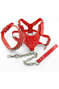 Etopar Leather Spiked Studded Dog Harness,Collar & Leashes 3Pcs Set, Dog Harness Collar Chain Leash Set for Medium & Large Dog, Especially for Pitbull,Bulldog,Labrador,Golden Retriever (M, Red)
