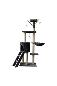 Multi-Level Cat Tree Activity Tower with Scratching Posts, Cat Condo Cat House, Hammock and Ladder Platform, 3pcs Hanging Toys for Kittens Playing Relaxing (Gray, 30.7 x 19.68 x 55.11 inch)