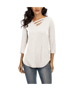 DAVENIL Womens 34 Sleeve Shirts V-Neck Loose Tunic Tops Irregular Hem casual Tops White 34 Sleeve Size M