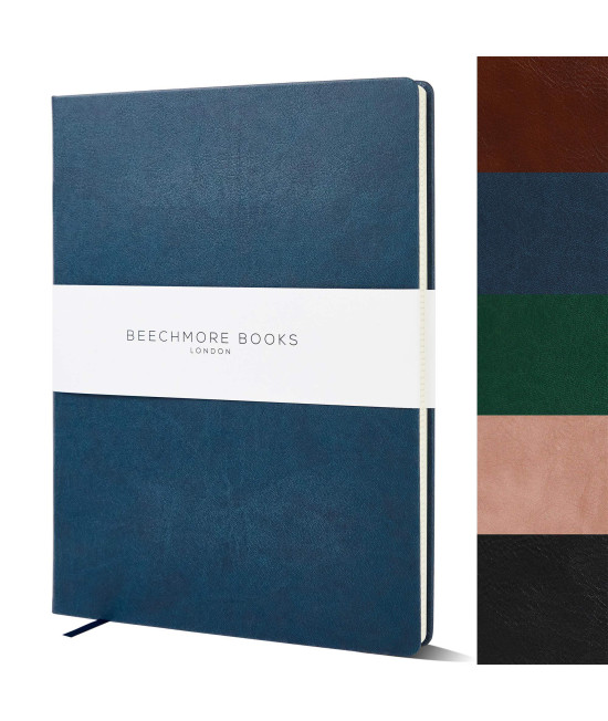 BEEcHMORE BOOKS Ruled Notebook - British A4 Journal XL 85 x 115 Hardcover Vegan Leather, Thick 120gsm cream Lined Paper gift Box Symphony Blue