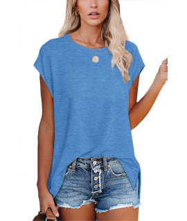 Summer T Shirts for Women casual Short Sleeve Tops Solid color Lightblue XL