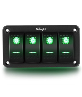 Nilight 4 gang Rocker Switch Panel 5Pin On Off Toggle Switch Aluminum Holder 12V 24V Dash Pre-Wired green Backlit Switches for Automotive cars Marine Boats RVs Truck, 2 Years Warranty