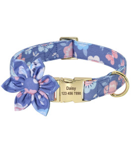 Beirui Custom Flower Girl Dog Collar For Female Dogs- Floral Pattern Engraved Pet Collars With Personalized Gold Buckle(Butterfly, L)