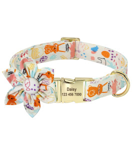 Beirui Custom Flower Girl Dog Collar For Female Dogs- Floral Pattern Engraved Pet Collars With Personalized Gold Buckle(White Rabbit, L)