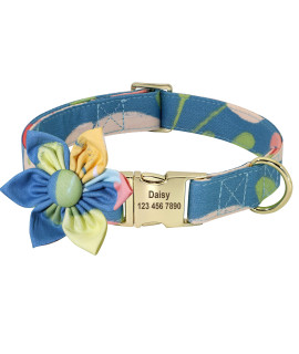 Beirui Custom Flower Girl Dog Collar For Female Dogs- Floral Pattern Engraved Pet Collars With Personalized Gold Buckle(Ocean, L)