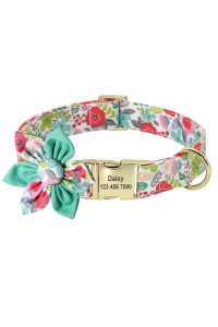 Beirui Custom Flower Girl Dog Collar For Female Dogs- Floral Pattern Engraved Pet Collars With Personalized Gold Buckle(Green Grassland, S)