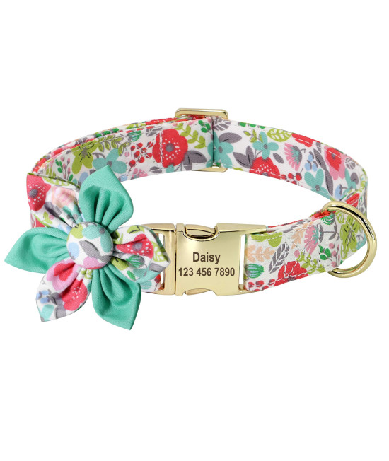 Beirui Custom Flower Girl Dog Collar For Female Dogs- Floral Pattern Engraved Pet Collars With Personalized Gold Buckle(Green Grassland, S)