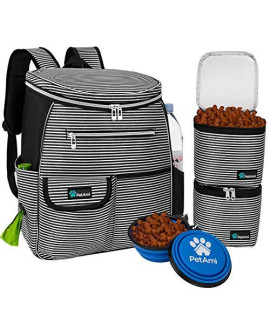 PetAmi Dog Travel Bag Backpack | Backpack Organizer with Poop Bag Dispenser, Multi Pocket, Food Container Bag, Collapsible Bowl | Weekend Pet Travel Set for Hiking Overnight Camping Trip, Stripe Black