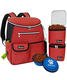 PetAmi Dog Travel Bag Backpack | Backpack Organizer with Poop Bag Dispenser, Multi Pocket, Food Container Bag, Collapsible Bowl | Weekend Pet Travel Set for Hiking Overnight Camping Road Trip (Red)