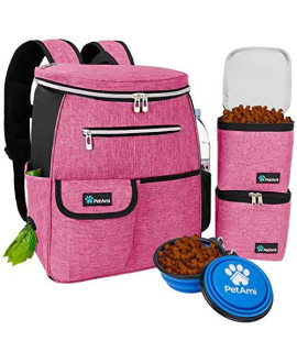 PetAmi Dog Travel Bag Backpack | Backpack Organizer with Poop Bag Dispenser, Multi Pocket, Food Container Bag, Collapsible Bowl | Weekend Pet Travel Set for Hiking Overnight Camping Road Trip (Pink)