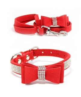 Charmsong Crystal Glitter Suede Dog Collar With Bow Tie Rhinestone Jeweled Dazzling Sparkling Elegant Fancy Soft Puppy Bling Collars For Small Dogs Red Xs