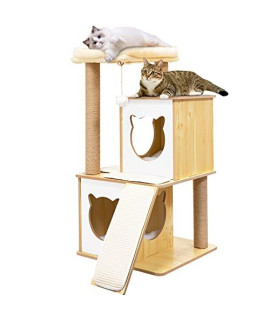 Q-Hillstar Modern Cat Tree, Multi-Level Cat Tower with Spacious Condo, Sturdy Scratching Posts, Replaceable Dangling Balls and Removable Mats, Wooden Cat Tree Furniture for Kittens and Cats