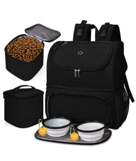 BAgLHER Pet Travel Bag, Double-Layer Pet Supplies Backpack (for All Pet Travel Supplies), Pet Travel Backpack with 2 Silicone collapsible Bowls and 2 Food Baskets Black