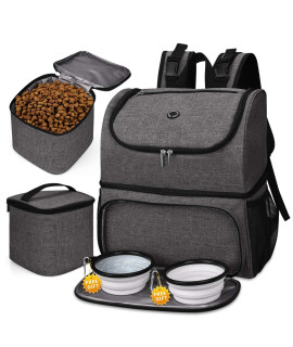 BAgLHER Pet Travel Bag, Double-Layer Pet Supplies Backpack (for All Pet Travel Supplies), Pet Travel Backpack with 2 Silicone collapsible Bowls and 2 Food Baskets grey