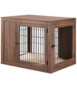 unipaws Furniture Style Dog crate End Table with cushion Wooden Wire Pet Kennels with Double Doors Medium Dog House Indoor Use
