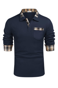 cOOFANDY Mens casual Long Sleeve Plaid collar Polo Shirt with Pockets Dark Blue