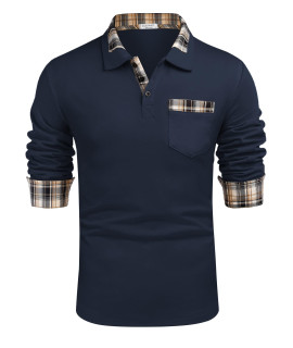 cOOFANDY Mens casual Long Sleeve Plaid collar Polo Shirt with Pockets Dark Blue
