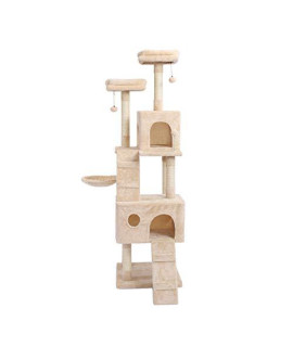 YOUHANG Cat House, 69-inch Cat Tree Climbing Frame with 2 Cat Condo and 2 Perches Stable Cat Tower Pet Playhouse Activity Center Iarge Cat Trees Cat Bed (Beige)