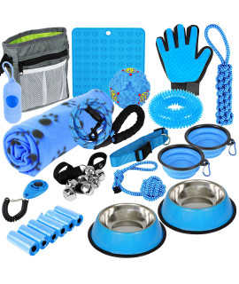 Puppy Starter Kit - Supplies, Accessories, 23 pc Set with Feeding Bowls, Lick Mat, Training Aids, Leash, Collar, Toys, Potty Training Bells & More for New Boy Dogs, Blue