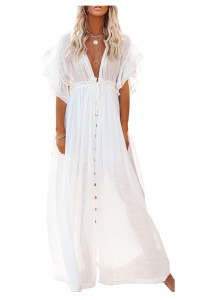 Wander Agio Womens Skirt Long Dress Bikini cover Up Beach Swimear coverups cardigan Button Dresses White 1