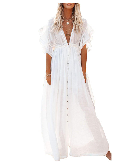 Wander Agio Womens Skirt Long Dress Bikini cover Up Beach Swimear coverups cardigan Button Dresses White 1
