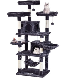 JISSBON Cat Tree 66.9Inch Multi-Level Large,Activity Centre Cat Tower Furniture,Sisal-Covered Scratching Posts,3 Padded Plush Perches,Dual Condo & Basket,Removable Hammock for Large Cats,Smokey Grey