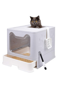 Foldable cat Litter Box with Lid, Enclosed cat Potty, Top Entry Anti-Splashing cat Toilet, Easy to clean Including cat Litter Scoop and 2-1 cleaning Brush (grey), Large