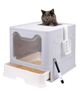 Foldable cat Litter Box with Lid, Enclosed cat Potty, Top Entry Anti-Splashing cat Toilet, Easy to clean Including cat Litter Scoop and 2-1 cleaning Brush (grey), Large