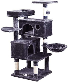 JISSBON Cat Tree Tower Cat Scratching Post with Condos, Hammock & Plush Perches for Kittens, Large Cats, Smoky Grey