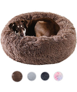 Kimpets Dog Bed Calming Dog Beds for Small Medium Large Dogs - Round Donut Washable Dog Bed, Anti-Slip Faux Fur Fluffy Donut Cuddler Anxiety Cat Bed(27")