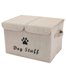 Geyecete Large Storage Boxes - Large Linen Fabric Foldable Storage Cubes Bin Box Containers With Lid And Handles For Dog Apparel Accessories, Dog Toys(Khakistripe)