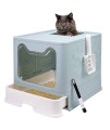 Foldable cat Litter Box with Lid, Enclosed cat Potty, Top Entry Anti-Splashing cat Toilet, Easy to clean Including cat Litter Scoop and 2-1 cleaning Brush (Blue), Large