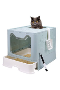 Foldable cat Litter Box with Lid, Enclosed cat Potty, Top Entry Anti-Splashing cat Toilet, Easy to clean Including cat Litter Scoop and 2-1 cleaning Brush (Blue), Large