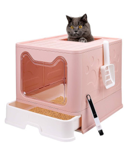 Foldable cat Litter Box with Lid, Enclosed cat Potty, Top Entry Anti-Splashing cat Toilet, Easy to clean Including cat Litter Scoop and 2-1 cleaning Brush (Pink), Large