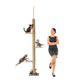 Downtown Pet Supply - Cat Scratching Post Tower - Tall Cat Tree & Sisal Rope Cat Post - 4-Level Cat Tree with Securing Mechanism - Linen - 75-97.5 in