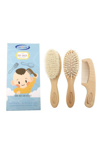 Baby Hair Brush comb Set, Organic Wooden Hairbrush Natural goat Bristles 3-Piece for Newborns Toddlers, Ideal for cradle cap Itching, Perfect Shower and Registry gift for Infant, Toddler, Kids
