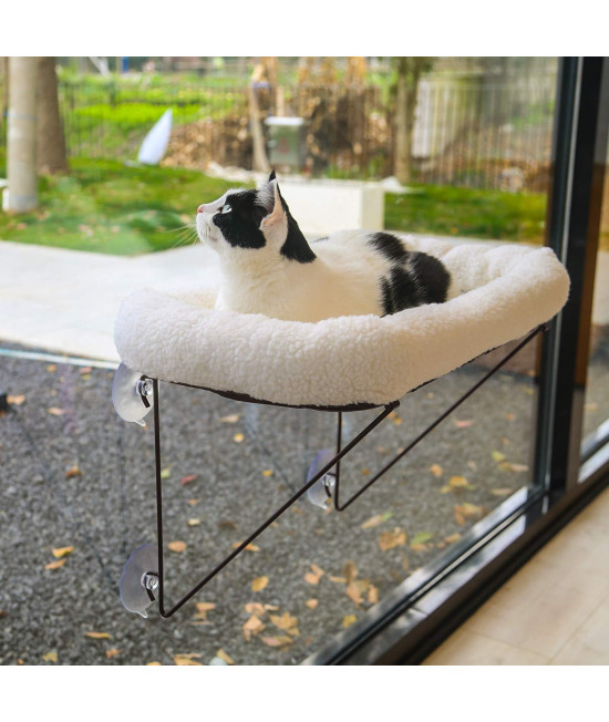Zakkart Cat Window Perch - 100% Metal Supported from Below - Comes with Warm Spacious Pet Bed - Cat Window Hammock for Large Cats & Kittens - for Sunbathing, Napping & Overlooking (White)