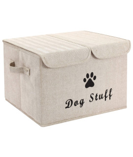 Morezi Large Dog Toy Storage Box With Lid Basket Organizer - Perfect Collapsible Bin For Living Room, Playroom, Closet, Home Organization - Dog Toy - Khaki Stripe