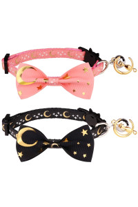 2 PcS Breakaway cat collar with Bow Tie and Bell golden Moon glowing Star in The Dark for Kitten(Black&Pink)