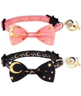 2 PcS Breakaway cat collar with Bow Tie and Bell golden Moon glowing Star in The Dark for Kitten(Black&Pink)