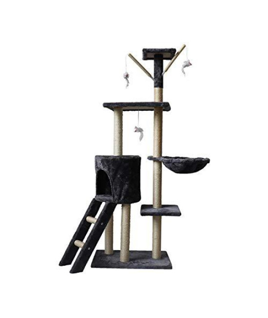 Fuggui 55" Cat Tree with Sisal Scratching Posts, Stairs, Balls or Mouse, Perches Hammock, Cat Condo Cat Climbing Tower Kitty Kitten Activity Center Play House (Black)
