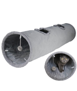 Terunat cat Tunnel for Indoor cats, 51A12 inch Foldable Big cat Tunnel, grey Suede Pet Tunnels with Two Peepholes and a Bubble Ball