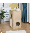 PawHut Wooden Cat Condo 3 Story Barrel Tower w/Perch Removable Cover Cushions Sisal Scratching Carpet, Brown
