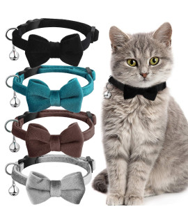 4 Pieces Cat Bow Tie Collar With Bell Breakaway Cat Collar Comfortable Velvet Cat Collar With Cute Safety Pet Collar For Pet Kitten Puppy (Black, Gray, Coffee, Blue,Small)