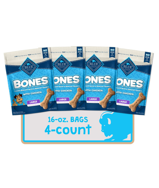 Blue Buffalo Bones Natural Crunchy Dog Treats, Large Dog Biscuits, Chicken (16-oz bag, 4 count)
